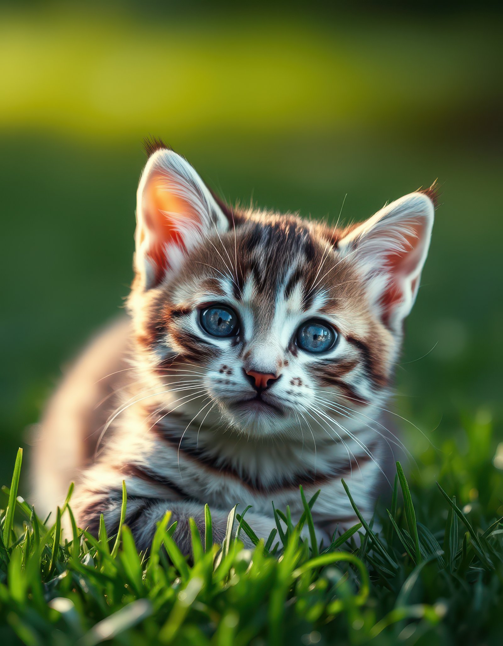Curious kitten exploring a lush garden under soft sunlight in early morning hours